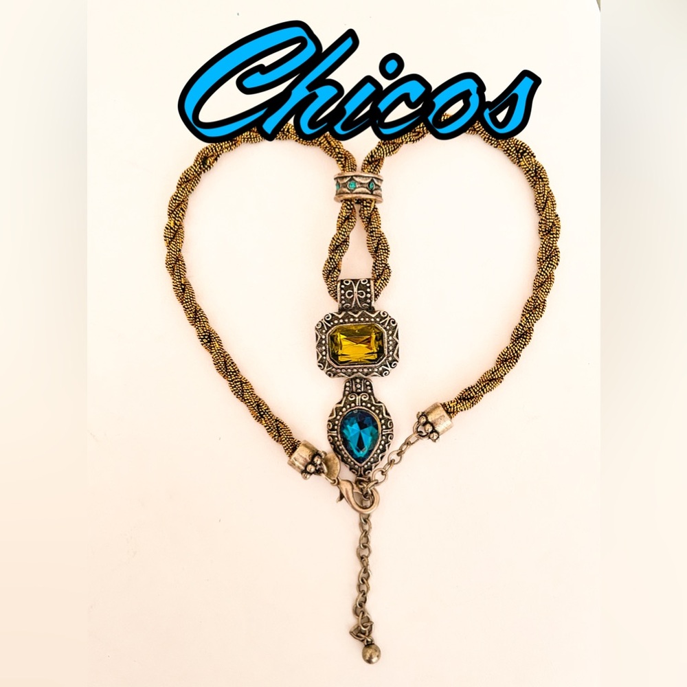 Chico's Elegant Gold and Silver Necklace with Yellow and Blue Gems